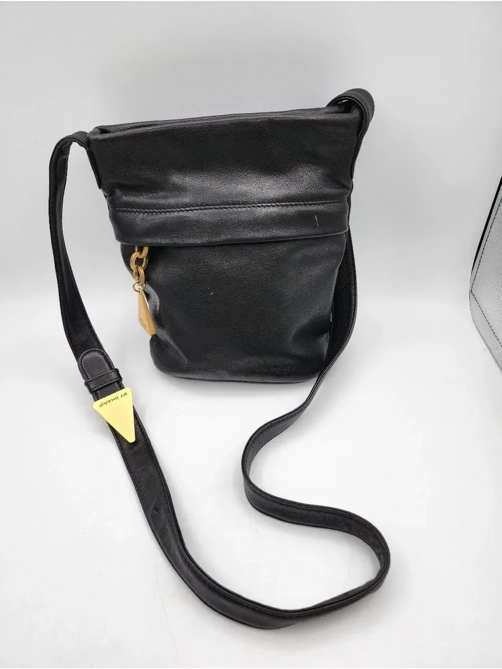 Sharif Black Leather Crossbody Bag with Gold Accents